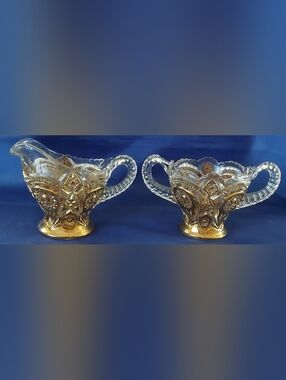 Vintage IMPERIAL CREAM & SUGAR Crystal w Gold HOBSTAR PINWHEEL NuCut set